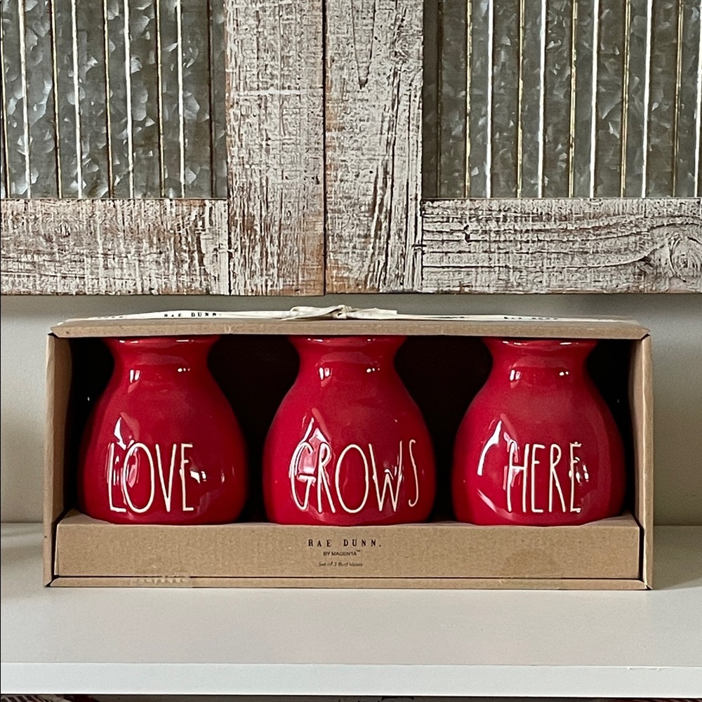 Rae Dunn Red Ceramic 'Love','Grows','Here' Vase Trio